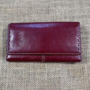 Fossil Woman's Red Stitched Leather Tri-Fold Wallet Checkbook Zipper Back